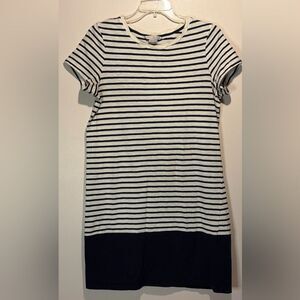 Boden- 100% Cotton Navy and Cream Striped Dress Braided Neckline- Size 10